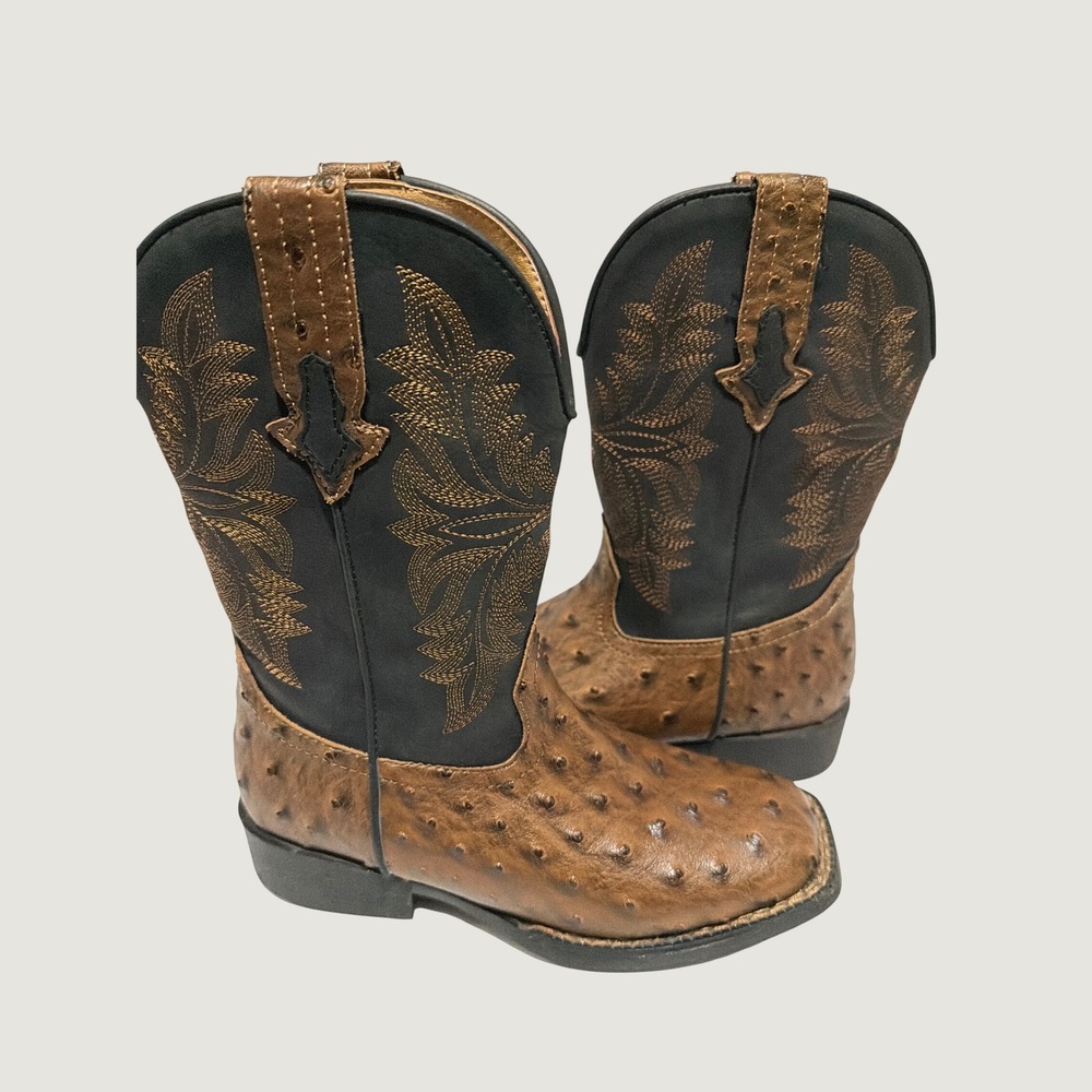 Roper Kids Faux Ostrich Western Cowboy Boots Brown Black Square Toe 09-018-1224